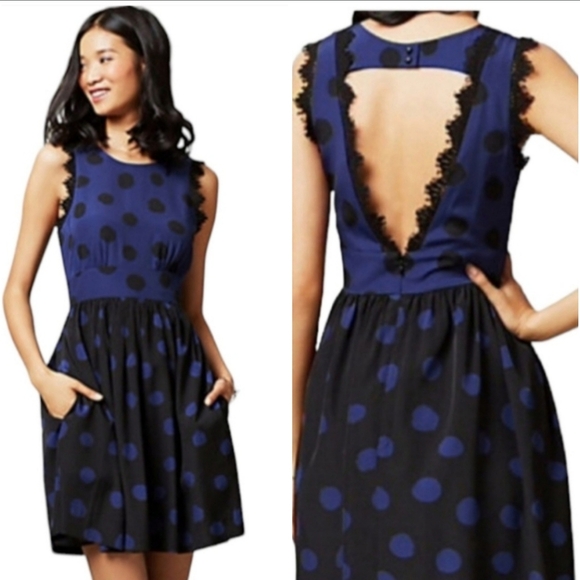 Anthropologie Dresses & Skirts - Coreylynn Calter Sleeveless Open Back Polkadot Dress Blue & Black Size 8
